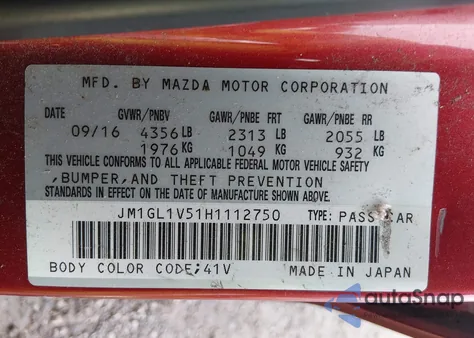 2017 Mazda Mazda6 Touring from USA, damaged, VIN JM1GL1V51H1112750